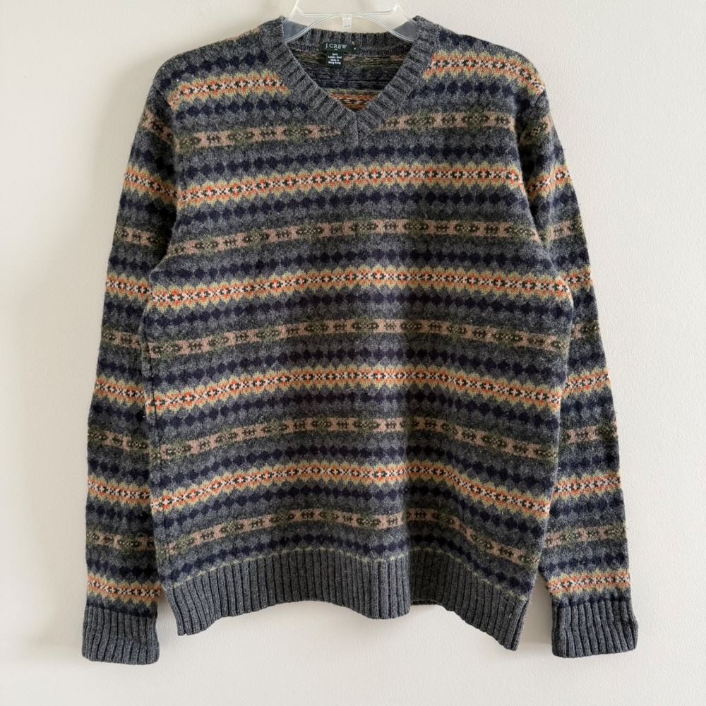 VTG J.Crew Mens Grey Fair Isle Lambswool V-Necck Grandpa Sweater Size M